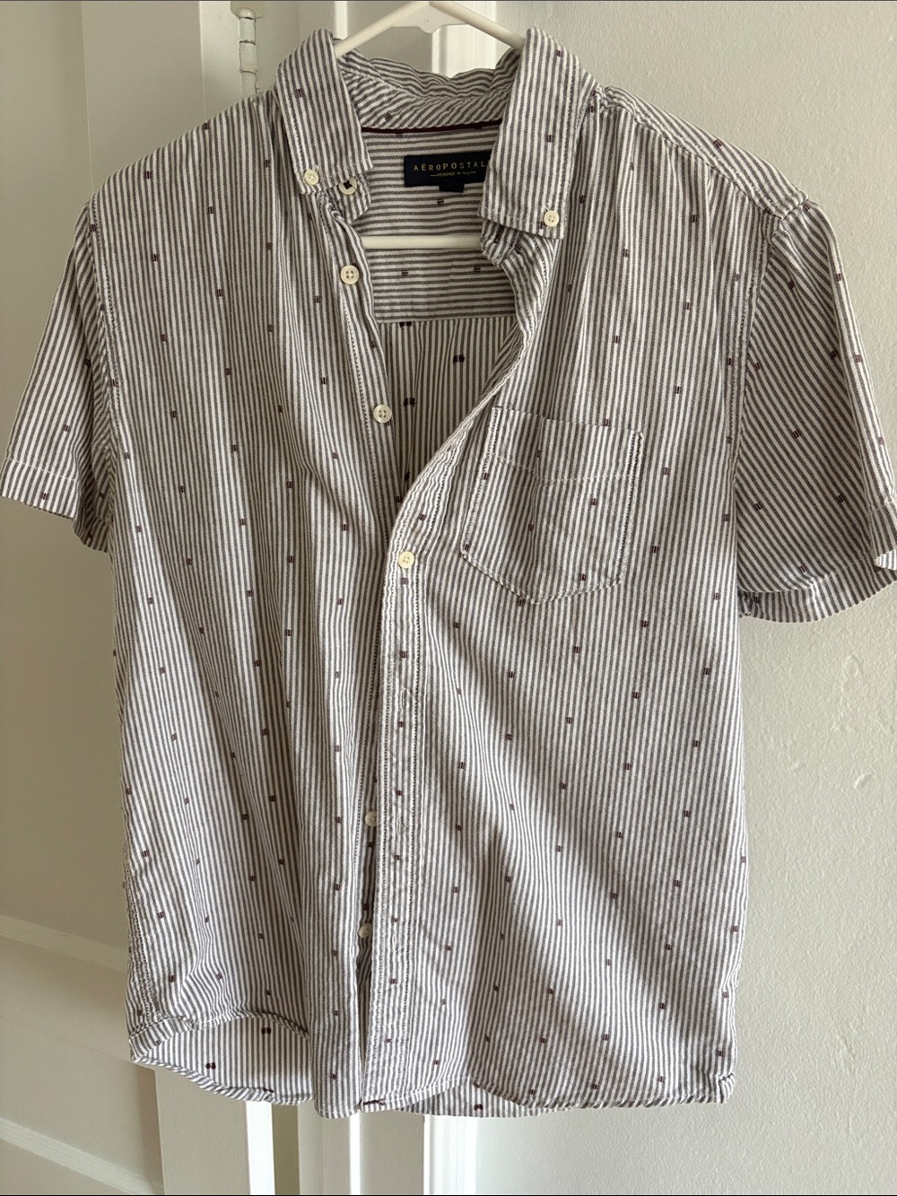 Aeropostale Short Sleeve Button Shirt - White w/ Gray Stripes & Maroon Blocks
